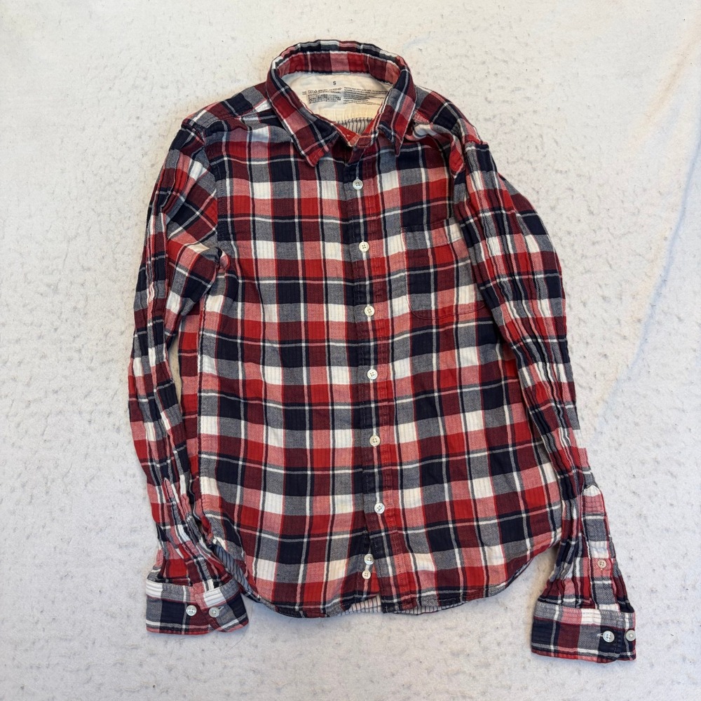 MUJI Flannel Button Down Shirt Mens Size S Red Plaid Long Sleeve Cotton